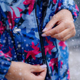 Taisnais ziemas softshell mētelis – zils ar košu lapu rakstu
